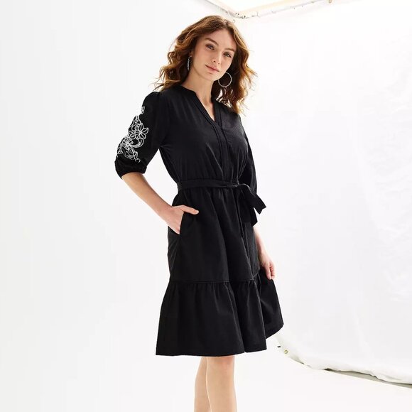 Embroidered Puff Sleeves Tie Waist V-Neck Dress - Picture 1 of 9